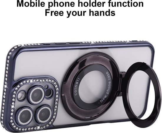 Coque compatible avec iPhone 15 Magsafe Zwart - Anneau de protection d'objectif Coque arrière de luxe Bling Sparkly Diamond