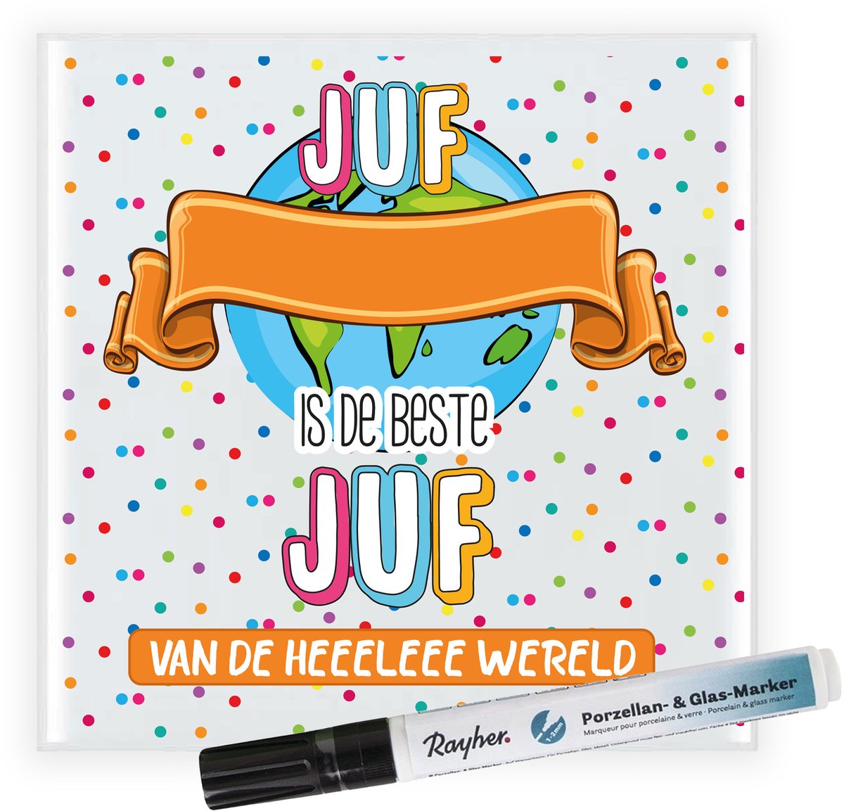 Bellatio Decorations Cadeau tegel voor juf - de beste juf - invul tegel - stippen - keramiek - 15 cm Oranje
