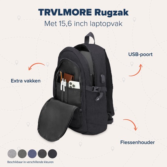 TRVLMORE rugzak met 15,6 inch laptopvak, USB-poort en flessenhouder. Verkrijgbaar in vijf kleuren.