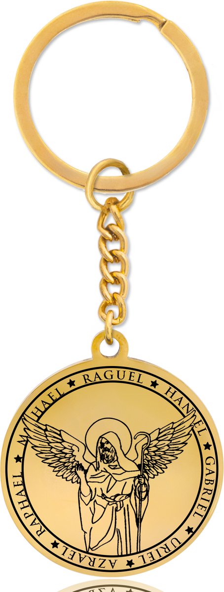 Beschermengel Raguël Sleutelhanger – Spiritueel Cadeau van Roestvrij Staal – Goudkleurig – Pax Amare