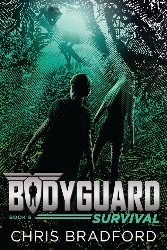 Twee silhouetten, een man en een vrouw, staan in een weelderige jungle. De titel 'BODYGUARD BOOK 6 SURVIVAL' staat prominent weergegeven.