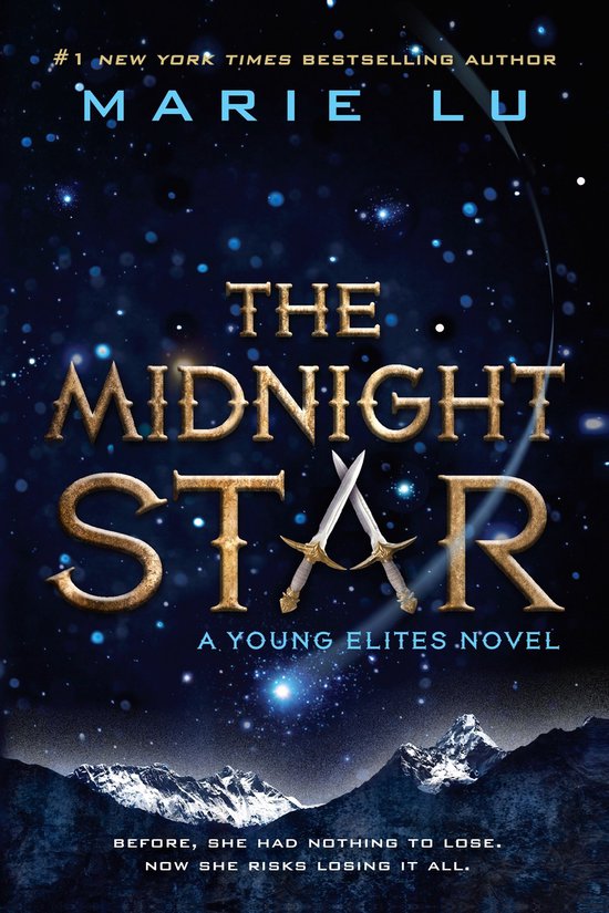 Boekcover 'The Midnight Star' van Marie Lu. Een nachtelijke hemel vol sterren boven besneeuwde bergen. Goudkleurige letters.