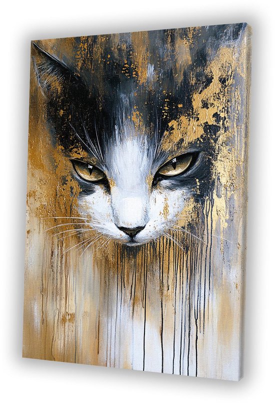 Abstracte kat met gouden accenten - Kat schilderij - Schilderijen canvas dieren - Abstracte kunst - Decoratieve kunst - Woonkamer decoratie - canvas 75x100 cm