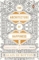 Boek "The Architecture of Happiness" van Alain de Botton. Omslag met geometrische patronen en gouden tekst.