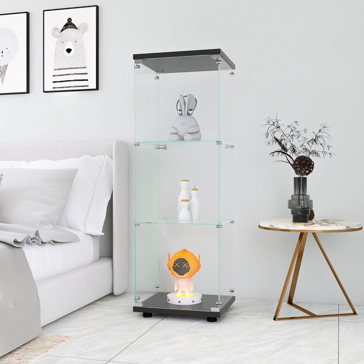 Glazen Vitrine, Moderne Vitrinekast met 3 ESG glazen planken, Verzamelvitrine voor de Bar, de Kamer, 125 x 42 x 36 cm, Zwart
