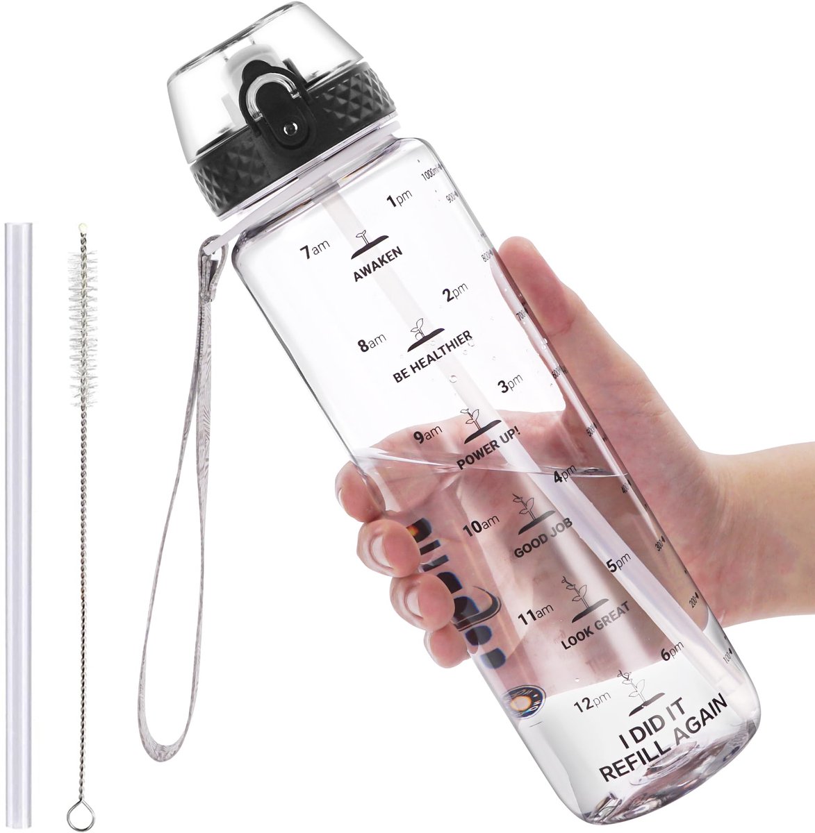 Ibenzoa® Motiverende Sport Drinkfles met Tijdmarkeringen voor Actieve Levensstijl en Hydratatie, BPA-vrije Keuze - 1L/750ml/500ml