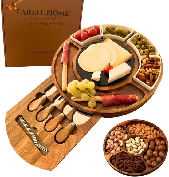 thumbnail: Farell Home Acaciahouten Kaas & Charcuterieplank Met Bestek En Marmer - Ronde Proefplank
