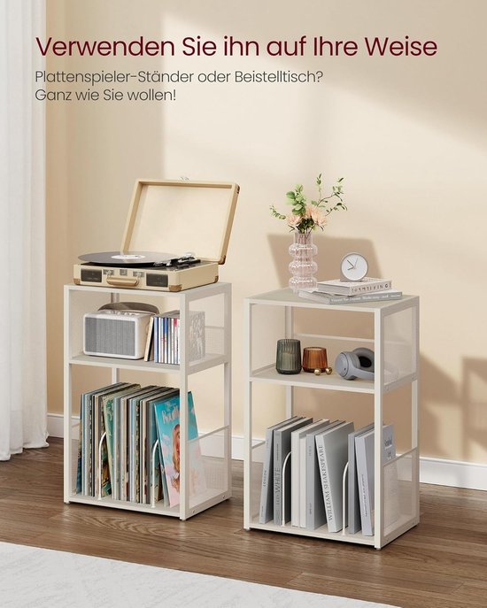 Platenspeler standaard - 3 etages - Bijzettafel - Opslag voor grammofoonplaten - Tot 100 albums - Tafel voor woonkamer en slaapkamer - Vintage wit — afbeelding 4