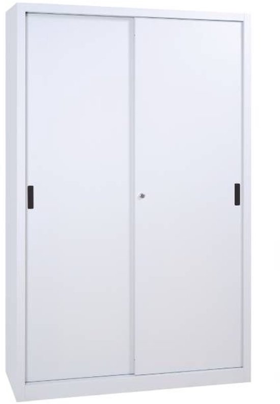Witte schuifdeurkast met twee deuren en zwarte handvatten. Kast is 195x120x45.