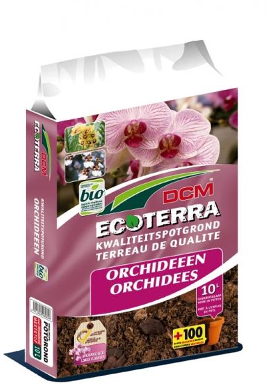 Zak DCM EcoTerra potgrond voor orchideeën met afbeelding van een oranje pot.