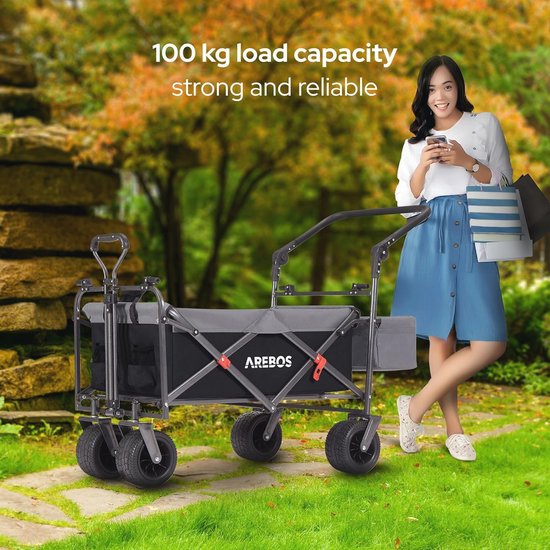 Opvouwbare Bolderkar met Dak - Handwagen met Luchtbanden - 360° Draaibare Voorwielen - XXL Capaciteit tot 100 kg - Zwart van LifeGoods — afbeelding 3