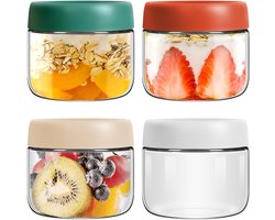 4 stuks 300ml Glazen Nachthaverpotten met Deksels - Lekvrije Afdichtingspotten voor Joghurt, Pudding en Meer
