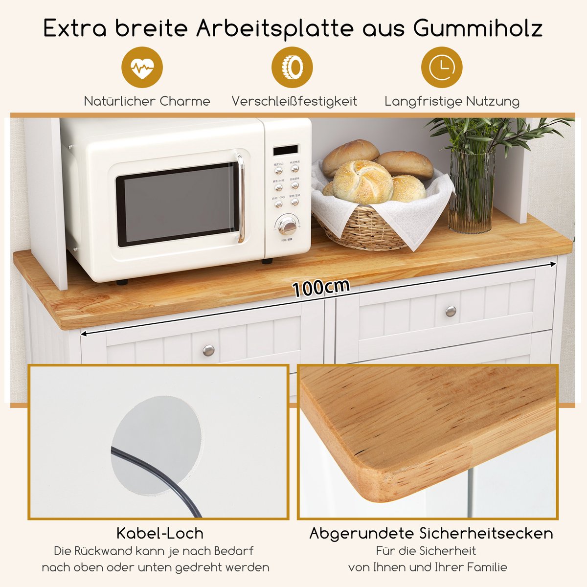COSTWAY Keukenkast, voor 38 liter vuilnisemmer (niet inbegrepen), buffetkast met werkblad, lade en verstelbare planken, hoge kast keuken, hout voor magnetron, 100 x 34 x 172 cm, wit – foto 2