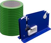 Zakkensluiter set 1 zakkensluiter + 16 rollen pvc tape Groen - 9mm x 66 meter - type H7 - Tapedispenser - Zaksealer tafelmodel - RVS - Met afsnijmes - DULA