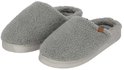 Grijze teddy wollen herenpantoffels met witte zool en logo.