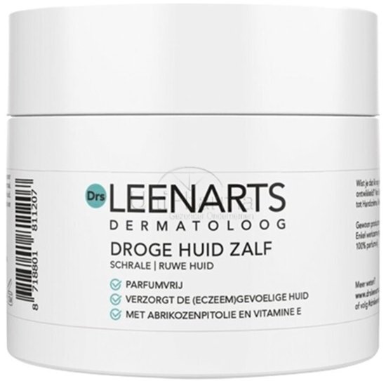 Witte pot met de tekst "Drs LEENARTS DROGE HUID ZALF". Parfumvrij, verzorgt droge en eczeemgevoelige huid.