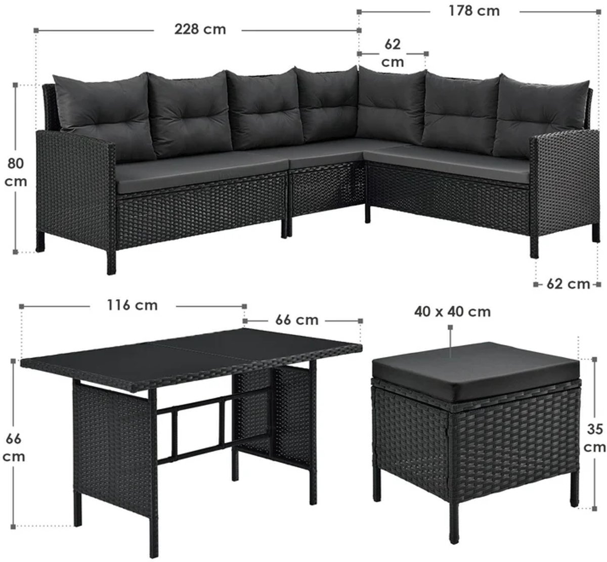 Juskys Loungeset Manacor - Polyrotan - zwart/grijs thumbnail 4