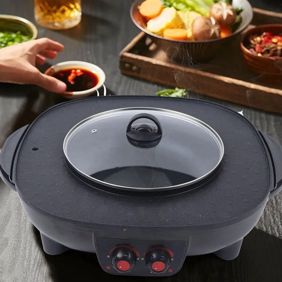 Hotpot Pan - Chinese Fondue - Korean Barbecue - Met Grill - 2 in 1 - Elektrisch - Zwart — afbeelding 5