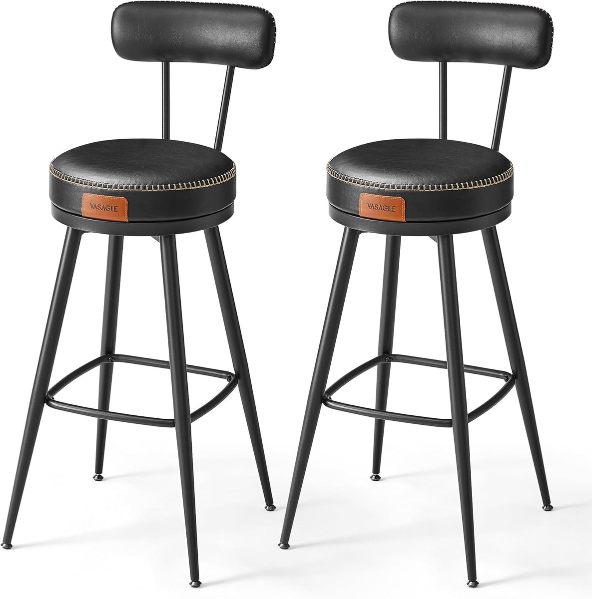 Furnstar - Barkruk set van 4 - 360° draaibare barkruk - Kruk met rugleuning voor bartafel - Kunstleer met naden - Mid-Century moderne stijl - 76 cm hoog - Keuken huisbar - Inktzwart