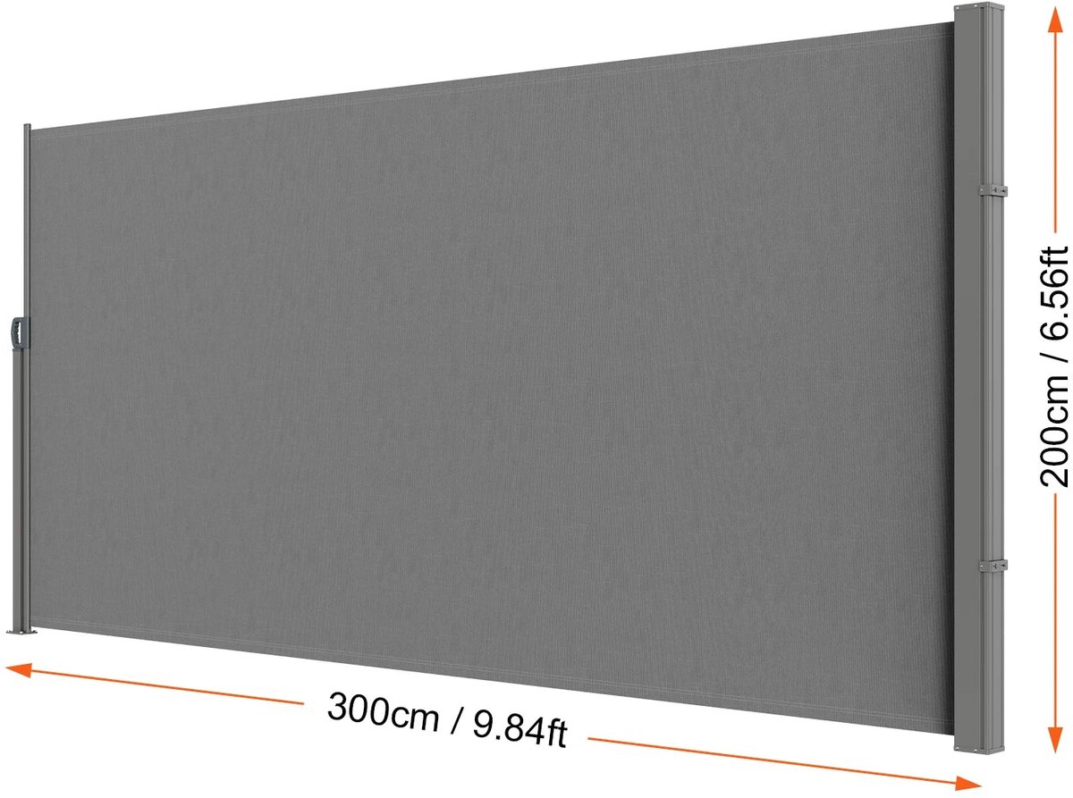 Windscherm - Zonnescherm - Uittrekbaar Windscherm - Waterdicht - Uitschuifbaar – Oprolbaar - 200x300cm - Zijscherm - Privacydoek voor Terras, Balkon of Tuin met UV-bescherming - Grijs
