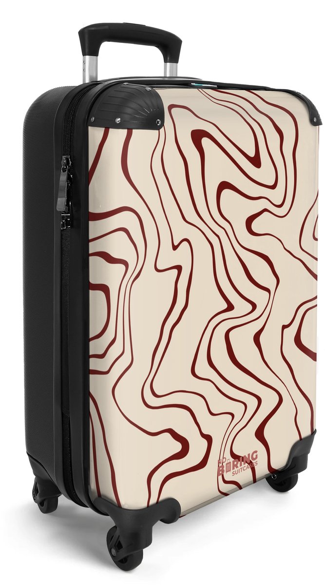 NoBoringSuitcases.com® - Handbagage koffer lichtgewicht - Reiskoffer trolley - Beige met abstracte rode lijnen - Vakantie rolkoffer met wieltjes - Carryon suitcase - Flightcase - Cabin koffertje - Past binnen 55x40x20 en 55x35x25