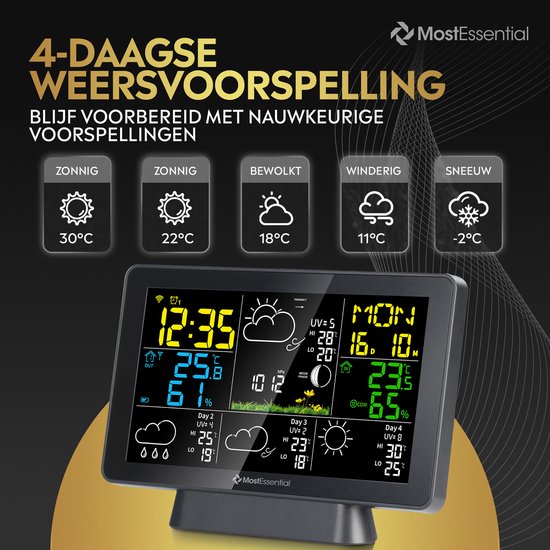 MostEssential Weerstation Wifi Edition - Draadloos Weerstation Met Buitensensor Hygrometer Binnen En Buiten 150 Meter Bereik Inclusief App Wit 1 Sensor MostEssential Weerstation Wifi Edition - Draadloos Weerstation Met Buitensensor Hygrometer Binnen En Buiten 150 Meter Bereik Inclusief App Wit 1 Sensor
