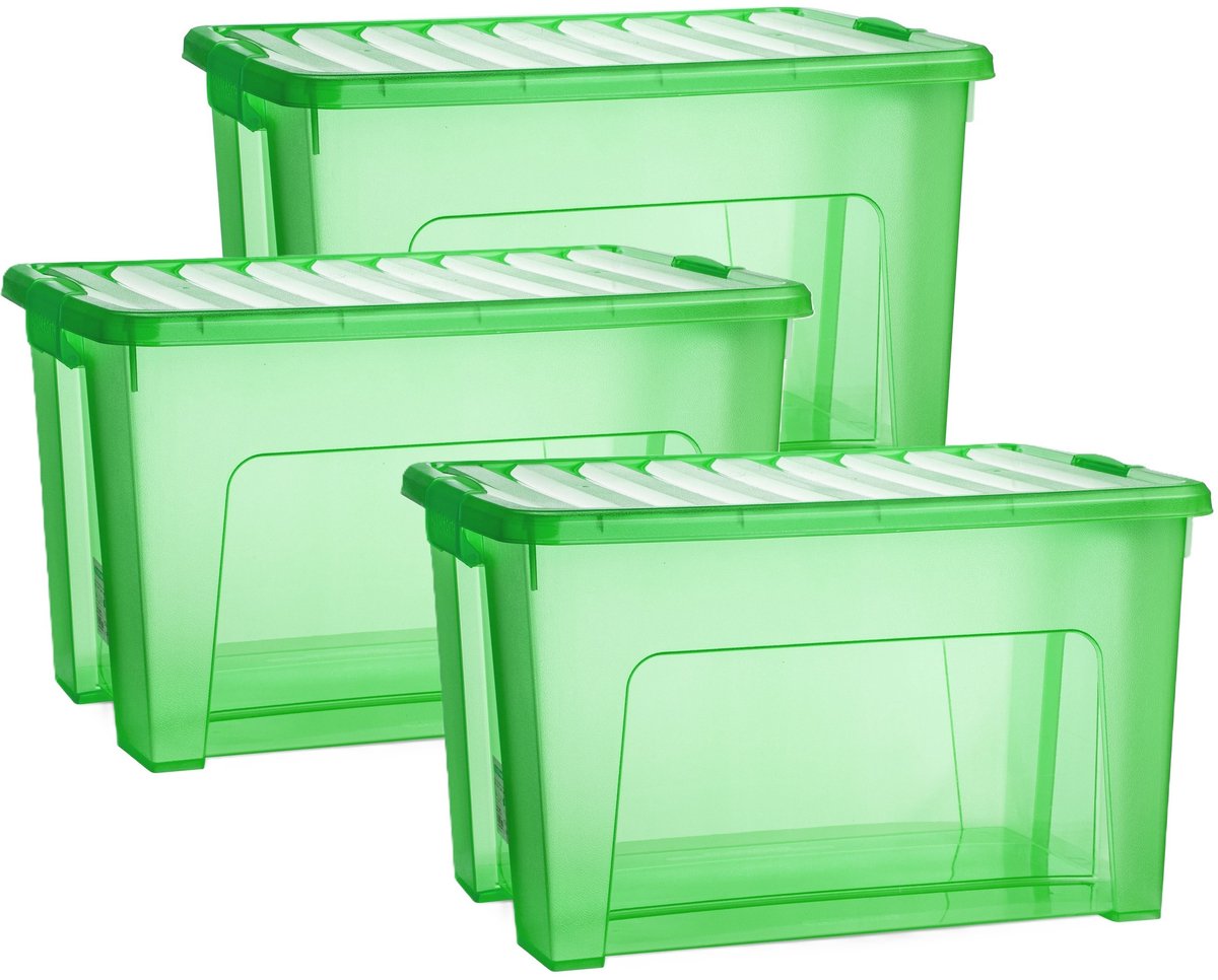 PLASTICFORTE Opslagbox - 3x - met deksel - transparant groen - 47 liter - 54 x 38 x 32 cm - kunststof - opbergdoos - opbergen