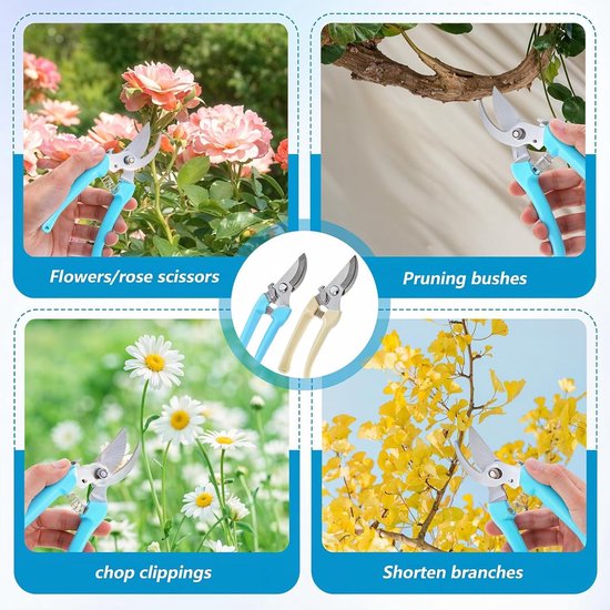 Tuinschaar, 2 stuks, rozenschaar, bloemenschaar, kleine ergonomische antislip bypassschaar met hoogwaardige stalen messen, geschikt voor tuinplanten, bloemen (blauw + wit) van Gycinda — afbeelding 2