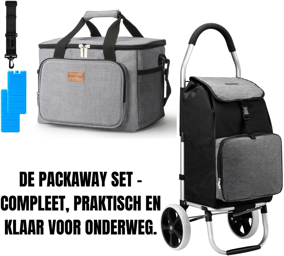 Packaway 45L Boodschappentrolley Grijs – Inclusief 15L Koeltas Lunchtas Grijs – Dé set voor dames en heren die altijd voorbereid willen zijn – Van supermarkt tot strand en werk