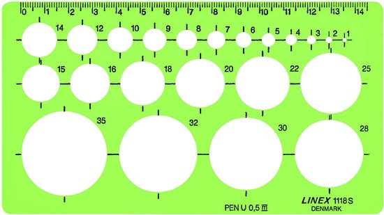 Groene Linex cirkelsjabloon 1118S met 27 cirkels van 1 tot 35mm.