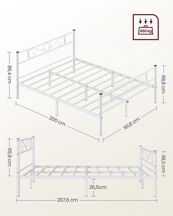 VASAGLE Cadre de lit double, cadre de lit en métal, pour matelas 160 x 200 cm, lit d'appoint, montage facile, pour petites pièces, blanc