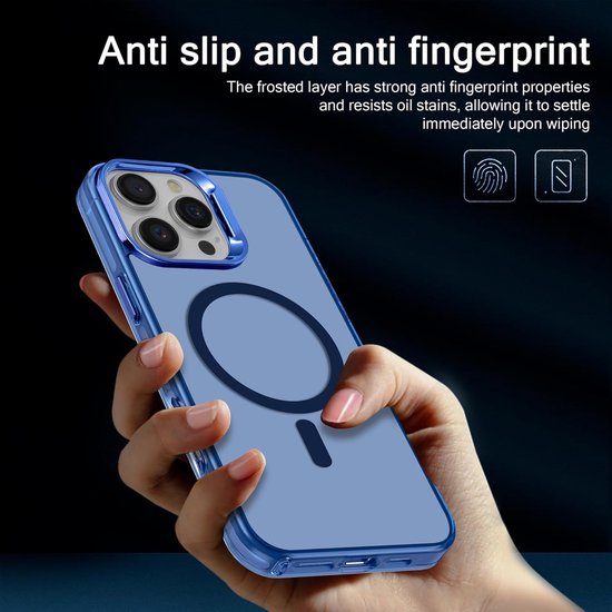 Hand die een blauwe iPhone hoes vasthoudt, met tekst 'Anti slip and anti fingerprint'.