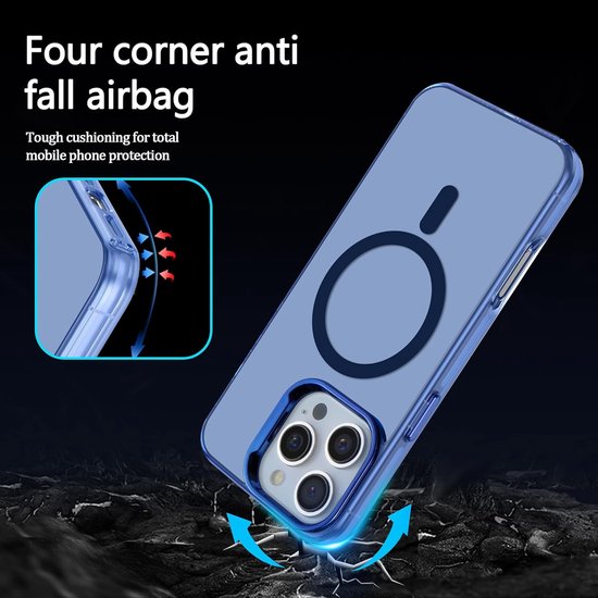 Doorzichtige blauwe telefoonhoes met blauwe rand, die een iPhone beschermt tegen vallen.