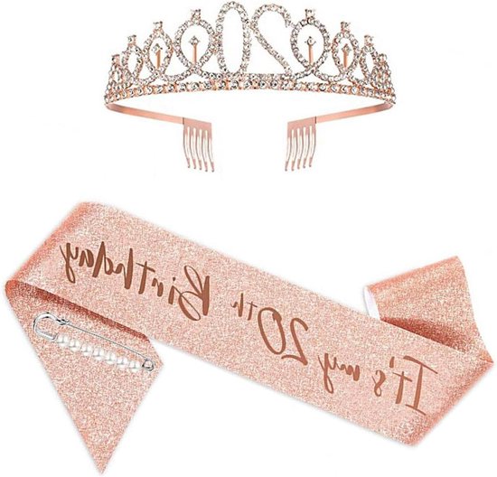Floatdream 20e Verjaardag Sjerp en Tiara voor Meisjes, Meisjes Sjerp & Strass Tiara Kit, Verjaardagsfeestje Decoraties, voor Verjaardagsfeestje Decoraties, Gelukkige 20e Verjaardag Wensen