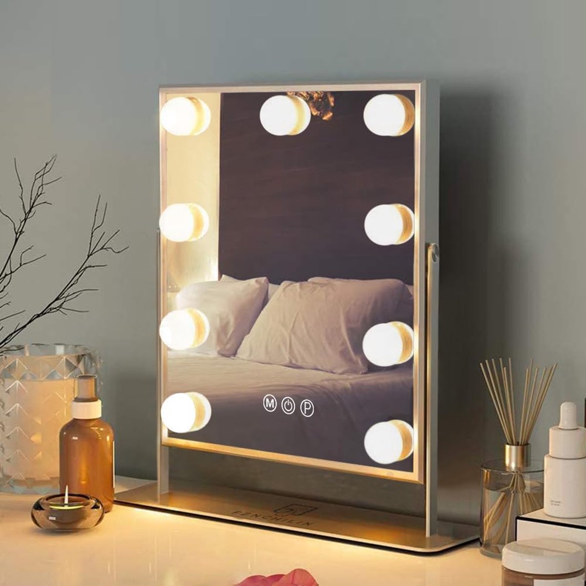 Verlichte Hollywood Make-up Spiegel met 360° Draaibaarheid en 9 Dimmbare LED Lampen