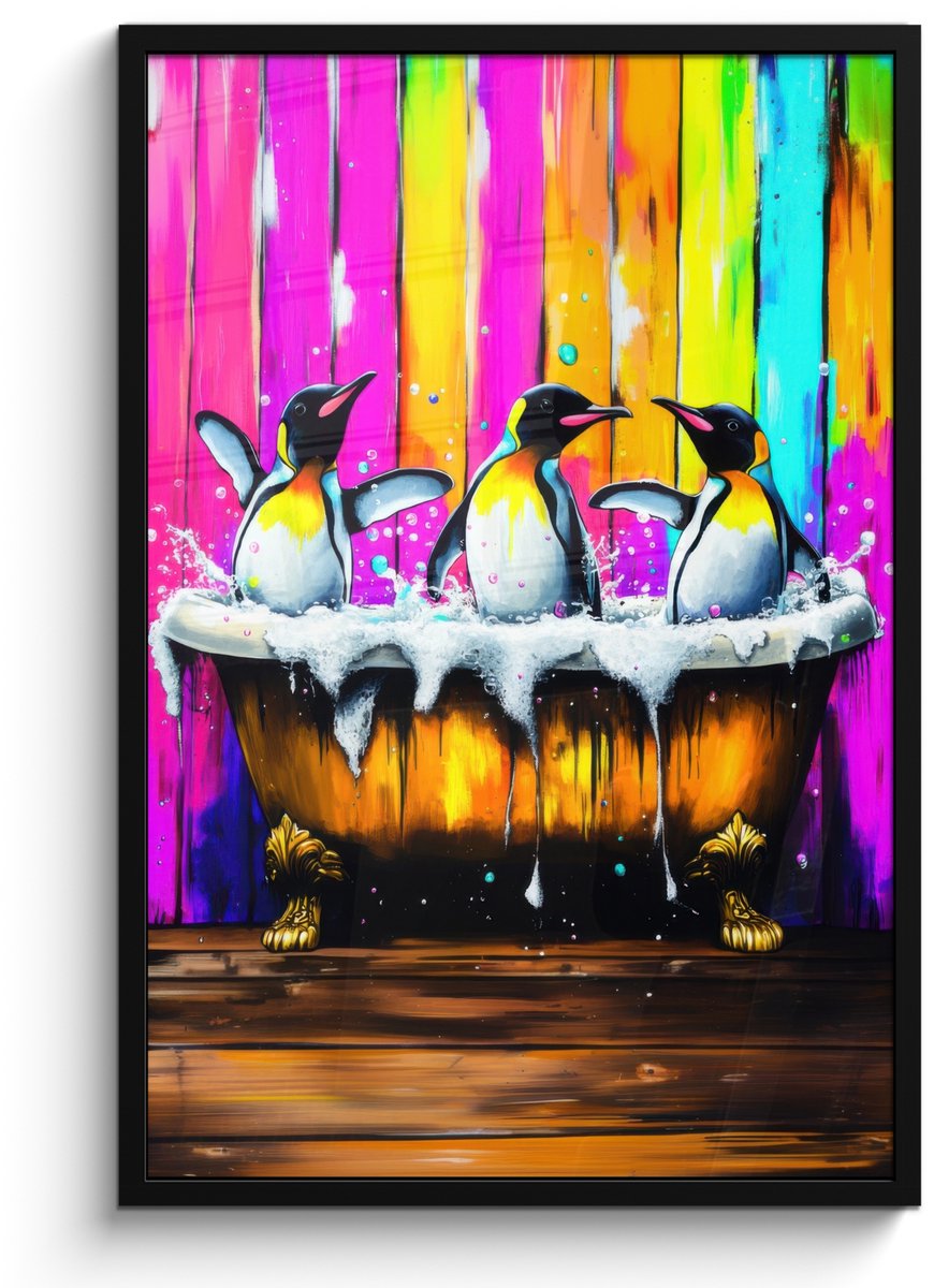 FrameYourWall Poster in lijst - Fotolijst 60x90 cm - Posters - Pinguïns - Badkuip - Kleurrijk - Schuim - Posterlijst zwart - Decoratie - Wanddecoratie woonkamer - Muurdecoratie slaapkamer