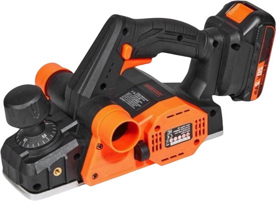 Een oranje en zwarte schaafmachine met batterij en diepteaanduiding.