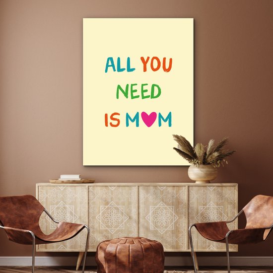 Lichtgele poster met de tekst 'ALL YOU NEED IS MOM' in kleurrijke letters, hangend boven een dressoir in een woonkamer.