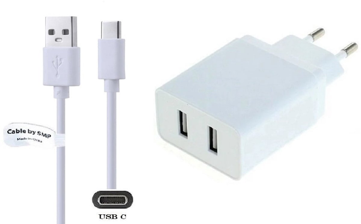 OneOne 2.4A lader met 2 poorten + 1,5m standaard USB C kabel. Oplader adapter past op Samsung Galaxy A12, A16, A20, A21, A22, A25, A26, A30, A36, A55, A56, F55, Z Flip, Z Flip 3 / 4 / 5 / 6 / 7, Z Fold, Z Fold 2 / 3 / 4 / 5 / 6 / 7, A17, F16, F36