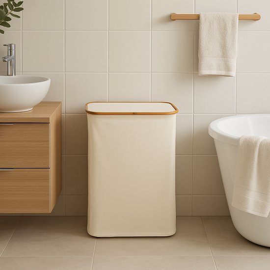 Alles & Co. XXL Wasmand 141 Liter - 3 Vakken Wassorteerder - Met Uitneembare Waszakken - Bamboe & Beige