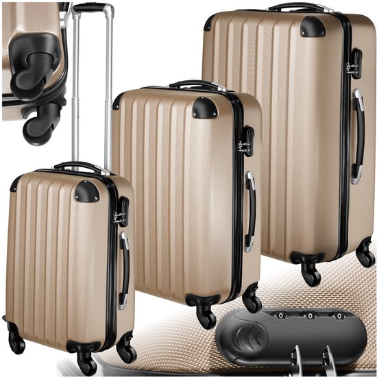 tectake® Set de valises 3 pièces - Valises ABS avec coque rigide - Serrure à combinaison TSA - Ensemble de bagages avec valise à main (37L) et bagages enregistrés Grande valise (58L et 93L) - Champagne