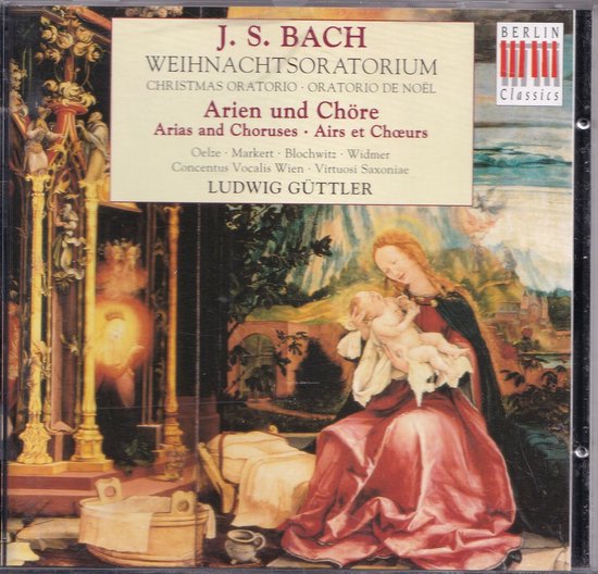 Cd-hoes met een schilderij van Maria en het kindje Jezus, in een kerstachtige omgeving. Bach Weihnachtsoratorium.