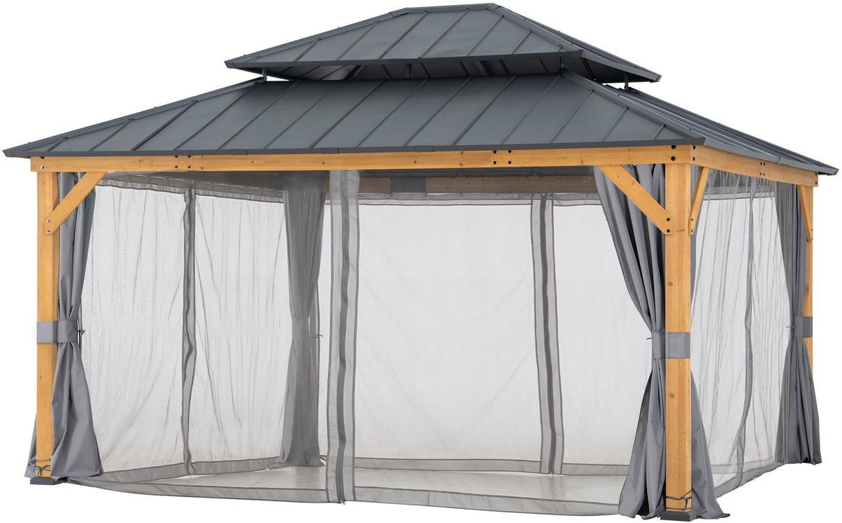 Gazebo luxe tuinpaviljoen in cedarwood met hip-roof hard-top dak 390cm x 450cm incl. netting en gordijnen
