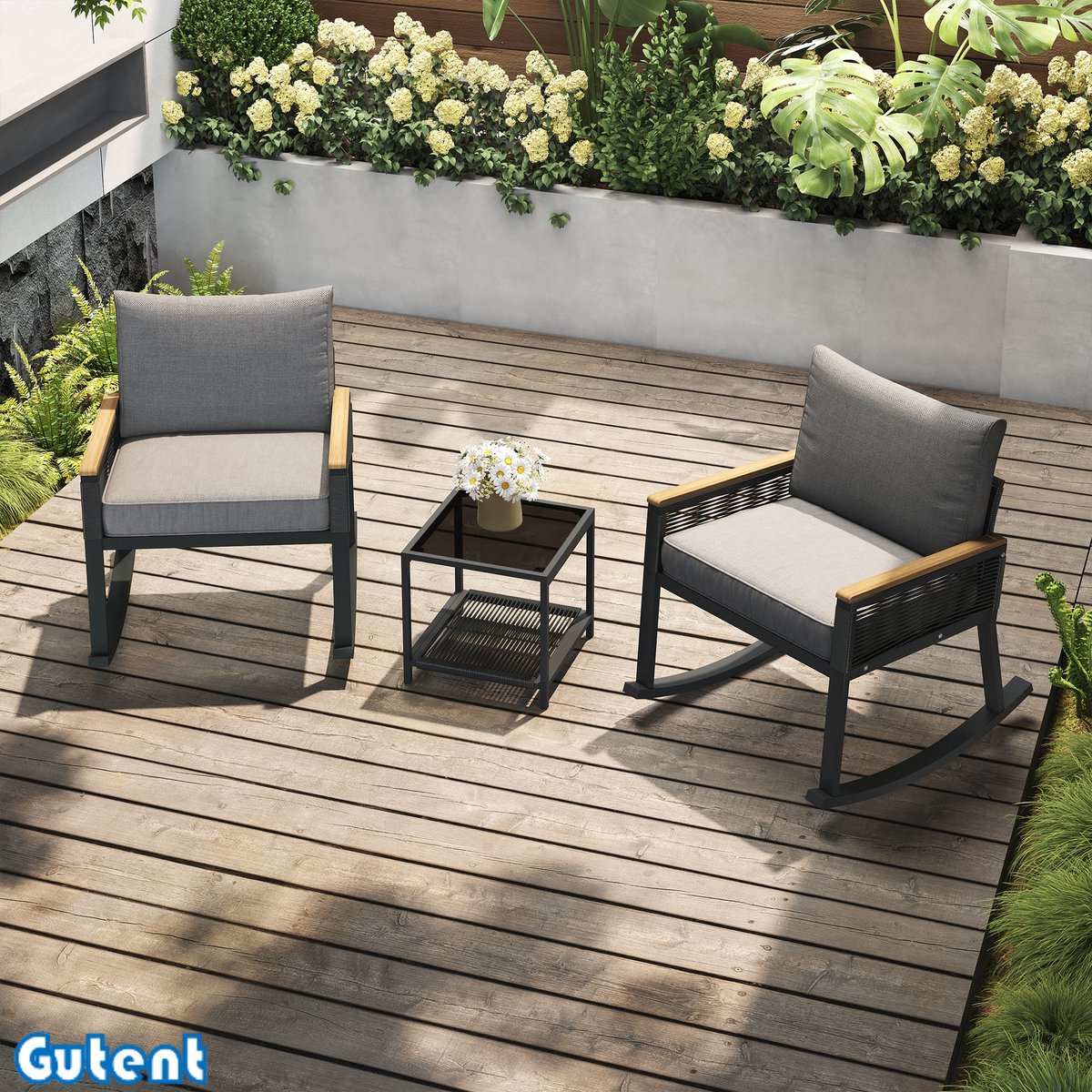 Gutent Set van 3 - Bistroset - Schommelstoel met Snoer - met Glazen Salontafel - met Zitkussen en Rugleuning - Grijs