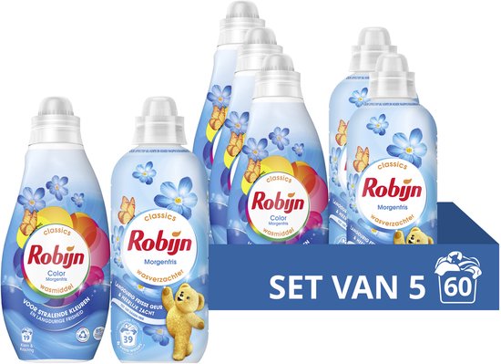 Robijn Perfect Match Wasmiddel en Wasverzachter Pakket - Morgenfris - 5 x 12 = 60 wasbeurten - Voordeelverpakking - 5 stuks