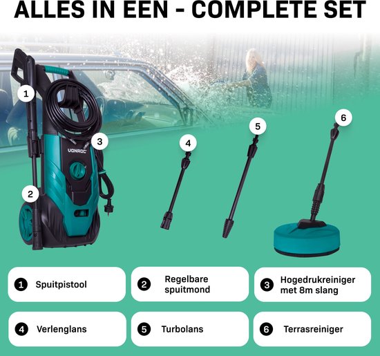 VONROC Hogedrukreiniger V18-2 1800W – 140 bar – 420 l/h – Incl. 8m slang, geïntegreerde reinigingsmiddelen tank, terrasreiniger, spuitstukken en accessoires — afbeelding 3