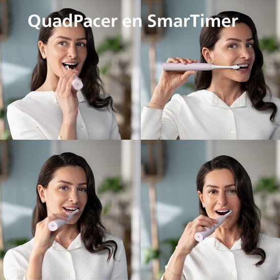 Vrouw met donker haar toont de QuadPacer en SmarTimer functies van een roze sonische tandenborstel.