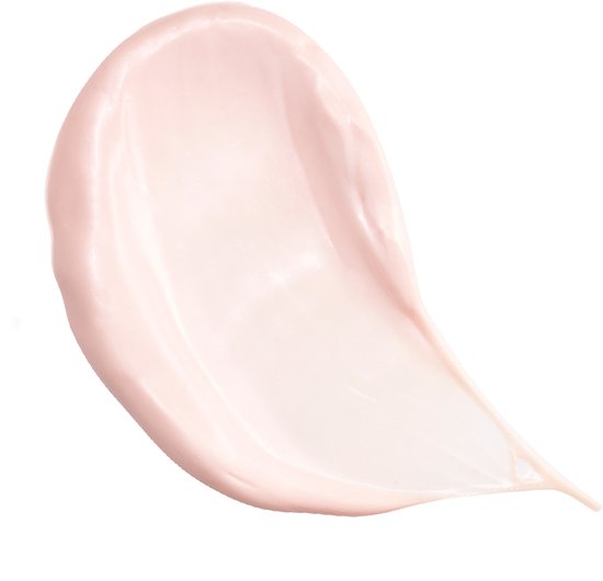 Een penseelstreek van lichte roze crème met een gladde textuur.