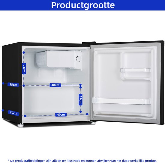 Afmetingen van de zwarte CHiQ minikoelkast: hoogte 49.6cm, breedte 47cm, diepte 44.7cm.