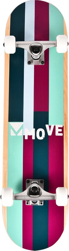 Skateboard met verticale strepen in paars, teal en lichtblauw. Het 'MOVE'-logo staat in het midden.